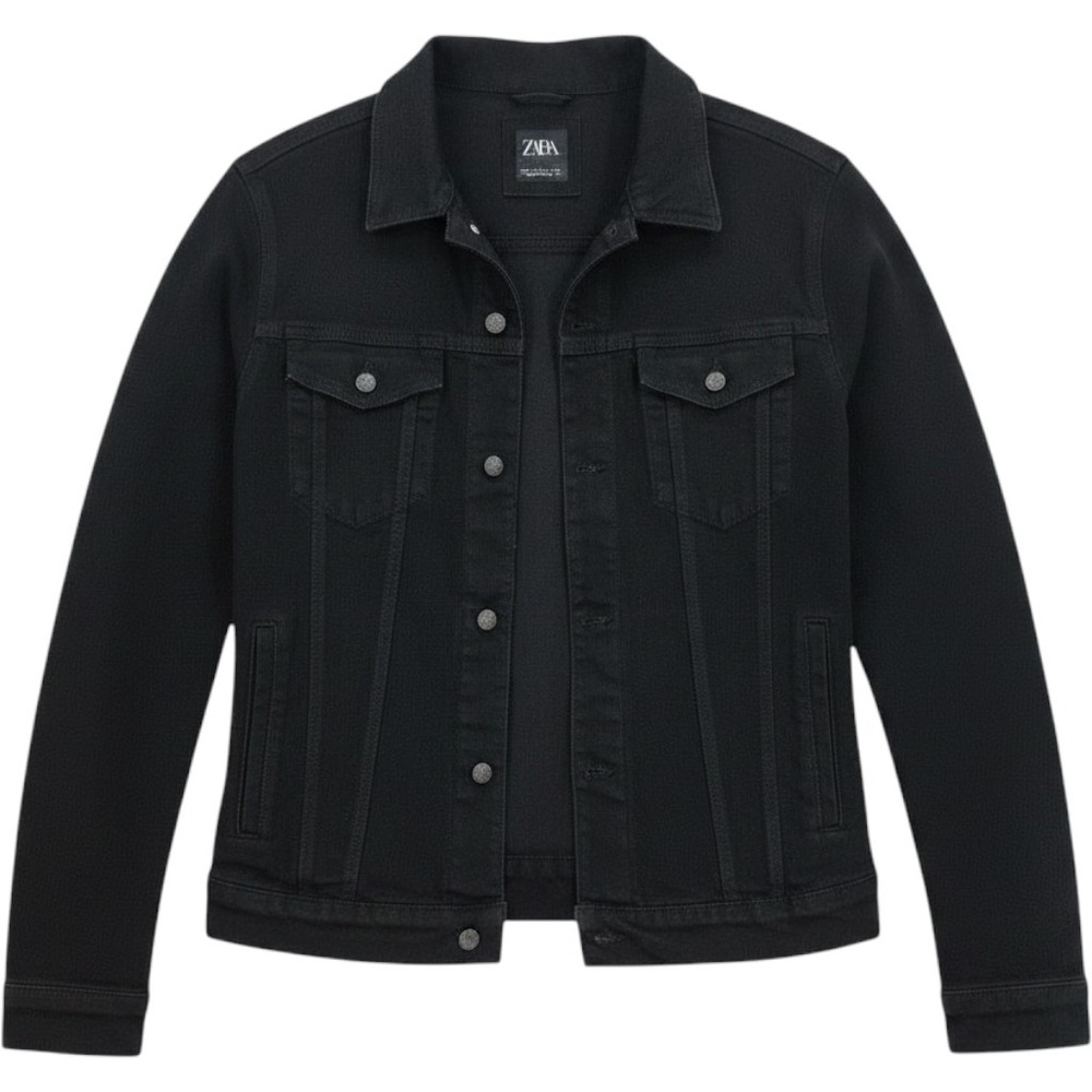 Zara Denim Jacket Mens XXL Black Trucker Button Front Point Collar Solid Coat